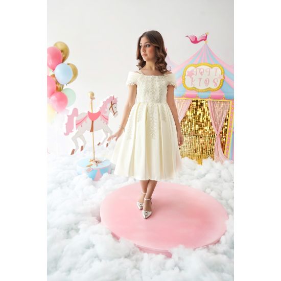 صورة فستان بناتي بلونين مطرز بأكتاف | فستان سهرة للأفراح - M3624